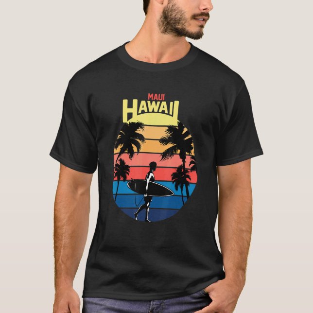 Cooler Maui Hawaii Retro Sonnenuntergang mit Palme T-Shirt (Vorderseite)