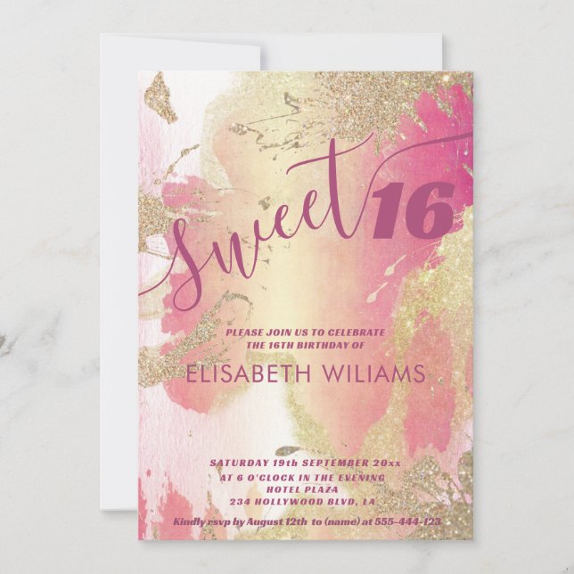 Cooler, moderner Rosa-Aquarellglitter Einladung (Vorderseite)