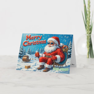 Cooler moderner Santa im schneebedeckten Wald Feiertagskarte