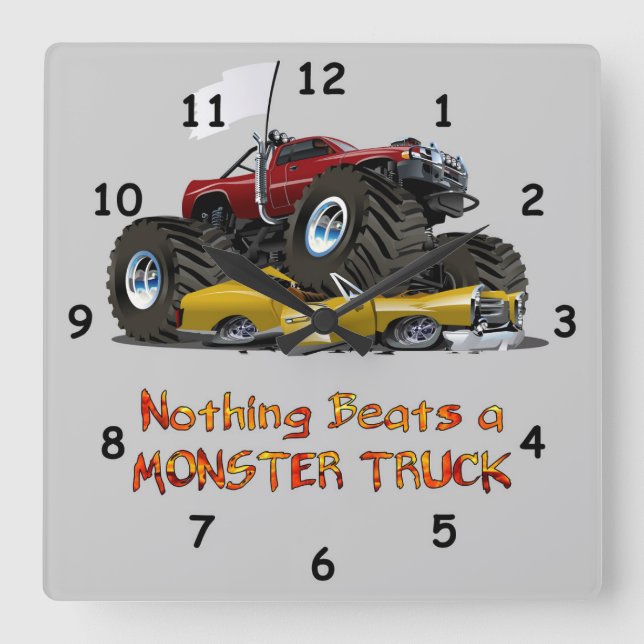 Cooler Monster-Lkw, der ein Zeichnend Auto zerklei Quadratische Wanduhr (Vorderseite)
