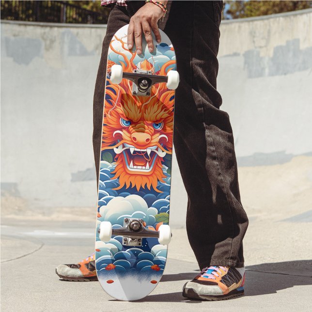 Cooler Mythischer Drachenkopf Orange Blue Hue Skateboard (Von Creator hochgeladen)