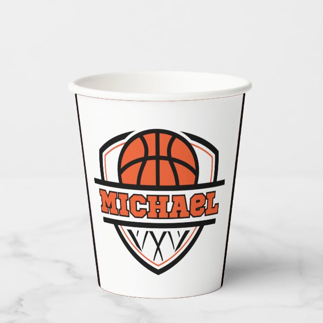 Cooler Orangenschwarzer Basketball Pappbecher (Vorderseite)