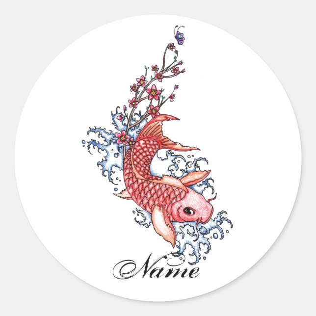 Cooler Oriental Red Koi Carp Blume Tattoo Runder Aufkleber (Vorderseite)