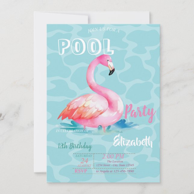 Cooler Pink Flamingos Pool Sommer Geburtstag Einladung (Vorderseite)