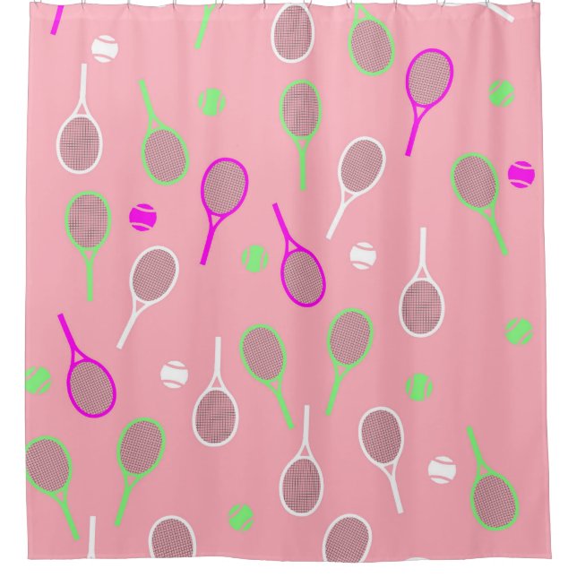 Cooler Pink Retro Racquets Pattern Tennisspieler Duschvorhang (Vorderseite)