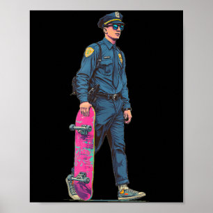 Cooler Polizist mit farbenfrohem Skateboard-Kostüm Poster