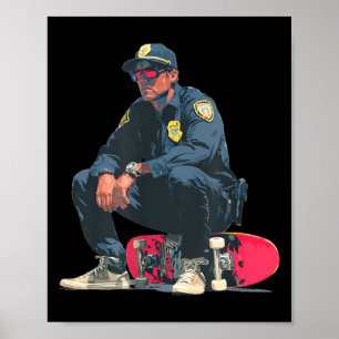 Cooler Polizist mit Sonnenbrille und Skateboard fü Poster