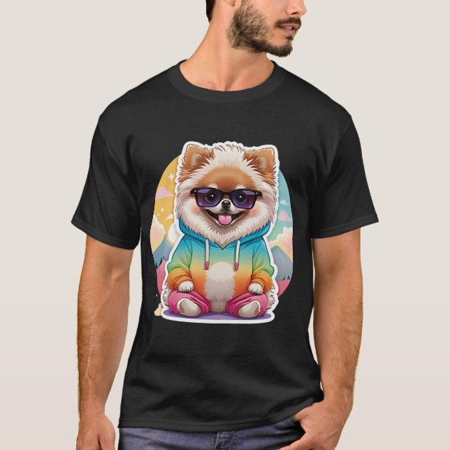 Cooler Pomeranian in Regenbogenkapuzenpullover T-Shirt (Vorderseite)