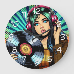Cooler Pop Art Comic Stilfserei mit Vinyl Album Große Wanduhr