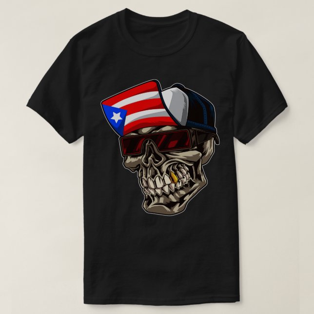 Cooler Puerto-Rico-Schädel mit Cap und Boricua-Fla T-Shirt (Design vorne)