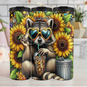 Cooler Raccoon mit Eistee und Sonnenblumen Thermosbecher