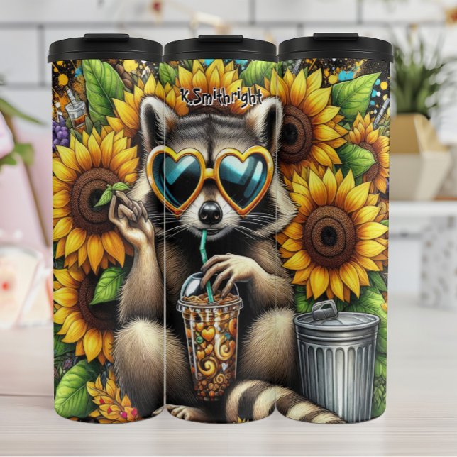 Cooler Raccoon mit Eistee und Sonnenblumen Thermosbecher (Von Creator hochgeladen)