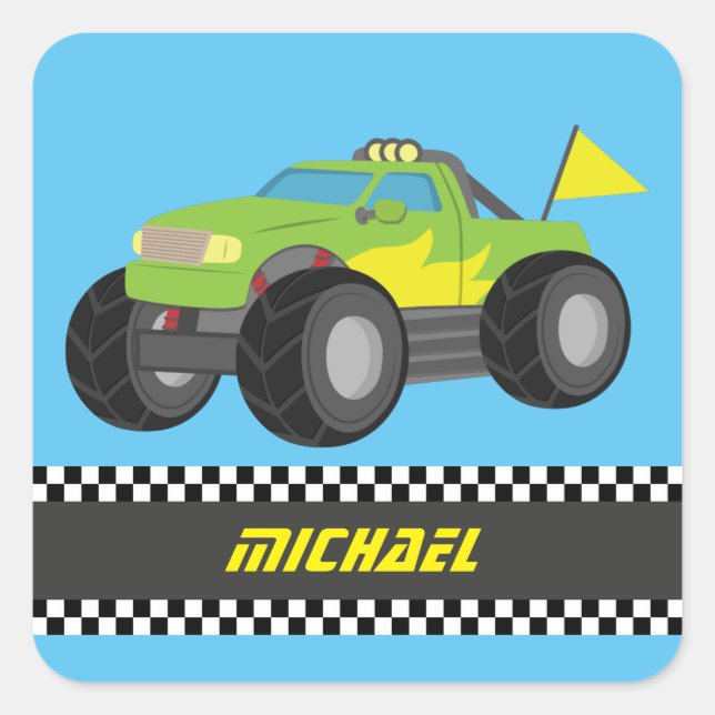 Cooler Racing Green Monster Truck für Racer Boys Quadratischer Aufkleber (Vorderseite)