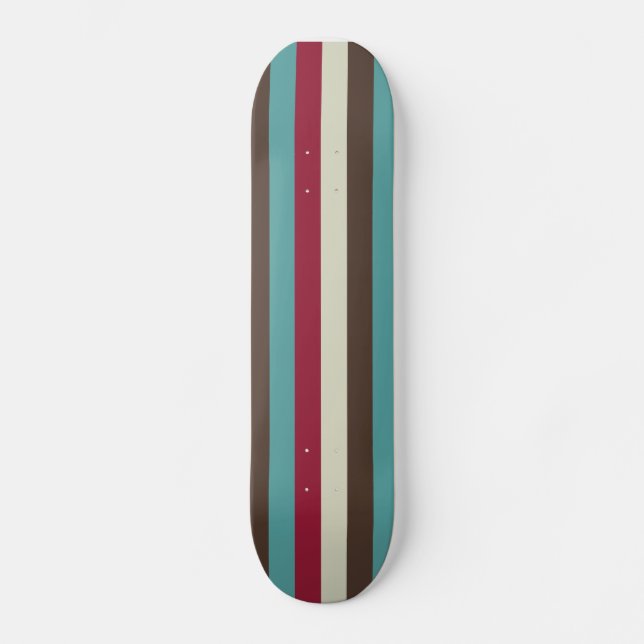 Cooler Retro 70er Stripes Brown-Aqua-Rot-Creme Skateboard (Vorderseite)
