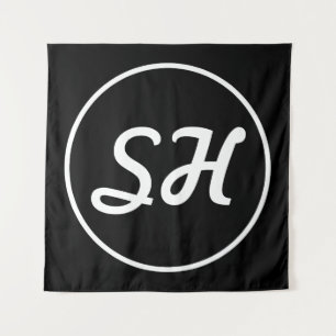 Cooler Retro-Moderner Stil Monogramm Schwarz & W Wandteppich