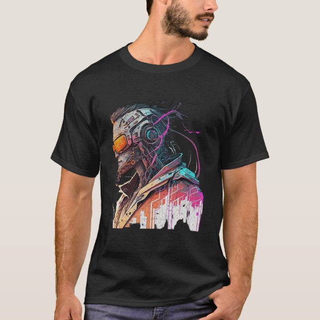 Cooler Roboter Cyberpunk Retro Vintager Sonnenunte T-Shirt (Vorderseite)