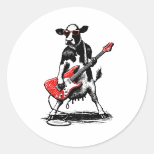 Cooler Rockstar-Kuh spielt rote E-Gitarre Runder Aufkleber
