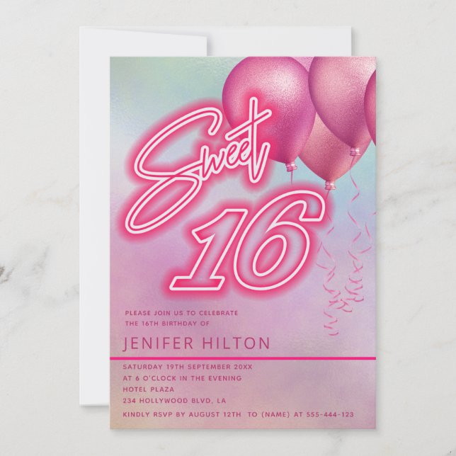 Cooler rosa Ballon holografischer Neon süß 16 Einladung (Vorderseite)