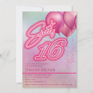Cooler rosa Ballon holografischer Neon süß 16 Einladung