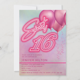Cooler rosa Ballon holografischer Neon süß 16 Einladung