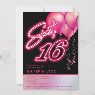 Cooler rosa Ballon holografischer Neon süß 16 Einladung