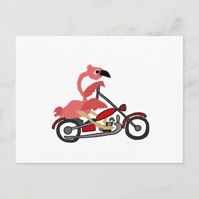Cooler rosa Flamingo Riding Motorrad Cartoon Postkarte (Vorderseite)