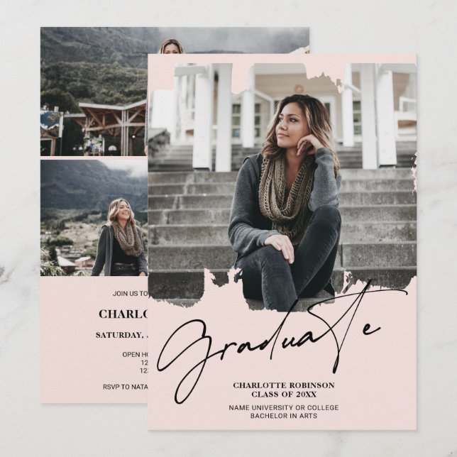 Cooler Rosa-Graduiertenskript-Foto-Abschluss Einladung (Vorne/Hinten)