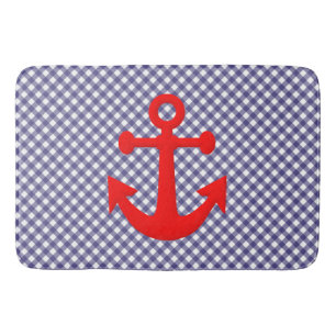 Cooler roter Anker auf kariertem Gingham-Muster Badematte