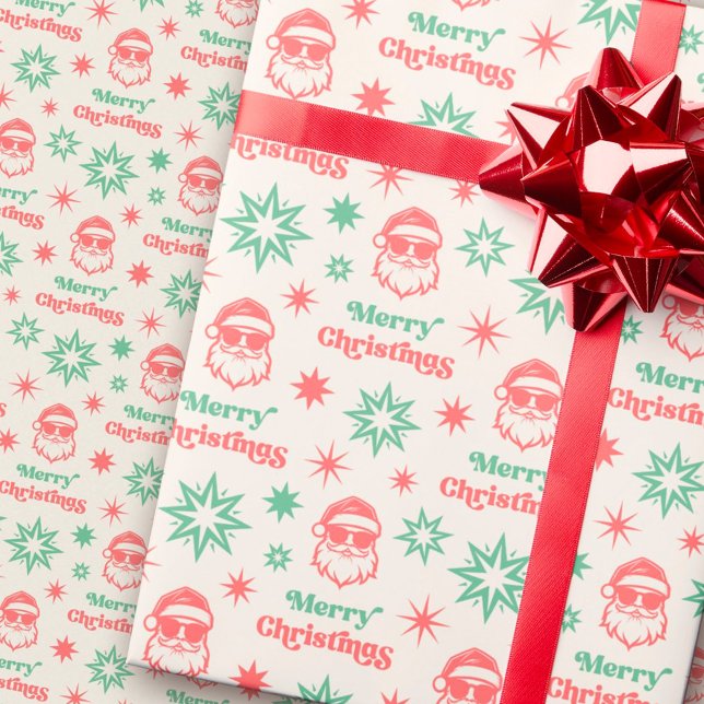 Cooler Santa Retro Frohe Weihnachten rot grün Geschenkpapier (Cool Santa retro Merry Christmas pale red green Wrapping Paper)