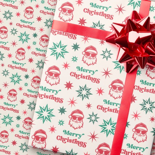 Cooler Santa Retro Frohe Weihnachten rot grün Geschenkpapier (Cool Santa retro Merry Christmas pale red green Wrapping Paper)