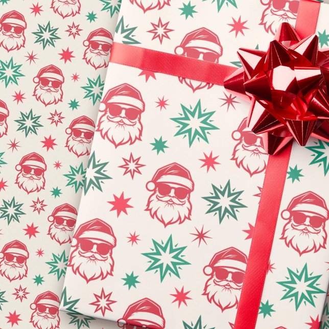 Cooler Santa Retro-Weihnachtskalender Geschenkpapier (Cool Santa retro pale red green cream Christmas Wrapping Paper)