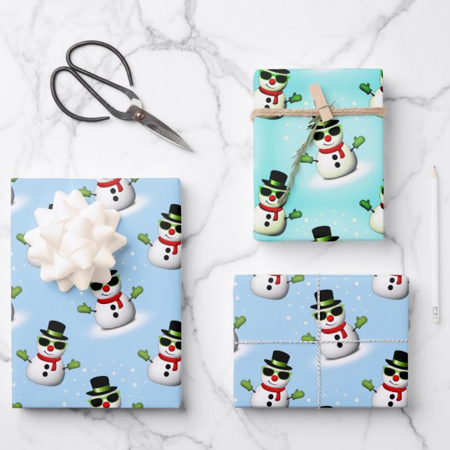 Cooler Schneemann Weihnachtswinterblauer Schnitt Geschenkpapier Set (Vorderseite)