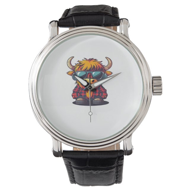 Cooler schottischer Highland Cow Classic T - Shirt Armbanduhr (Vorderseite)