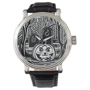 Cooler Schwarz-weißer Halloween Pumpkin Friedhof A Armbanduhr