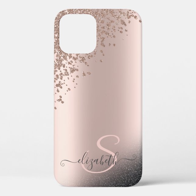 Cooler Schwarzer Glitzer Diamonds Rose Gold Monogr Case-Mate iPhone Hülle (Rückseite)