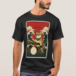 Cooler Shiba Inu Schlagzeuger Japanese Wave Poster T-Shirt