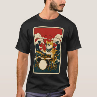Cooler Shiba Inu Schlagzeuger Japanese Wave Poster T-Shirt