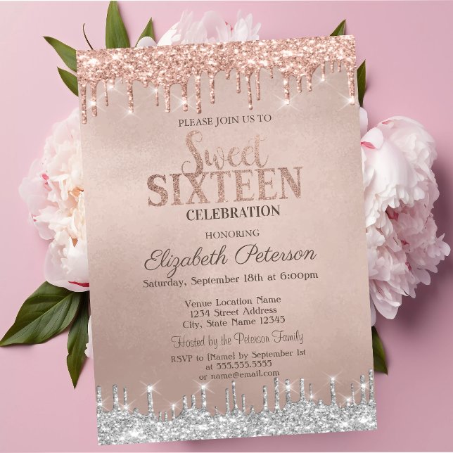 Cooler Silver Glitzer Tropfen Rose Gold Sweet 16 Einladung (Von Creator hochgeladen)