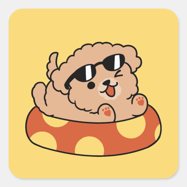 Cooler Sommerhund Floating - Niedliches Puppy Pool Quadratischer Aufkleber (Vorderseite)