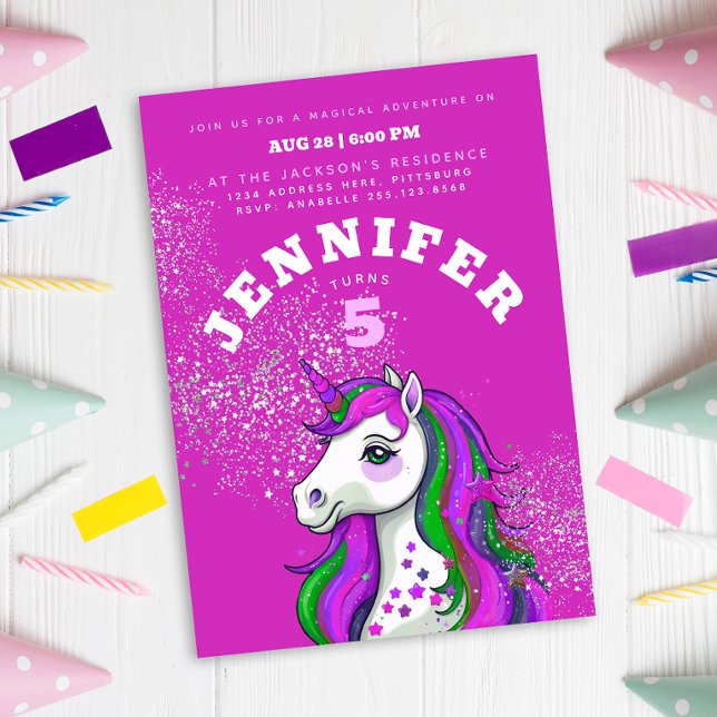 Cooler Spaß Farbenfroh Rosa Lila Einhorn Glitzer Einladung (Von Creator hochgeladen)