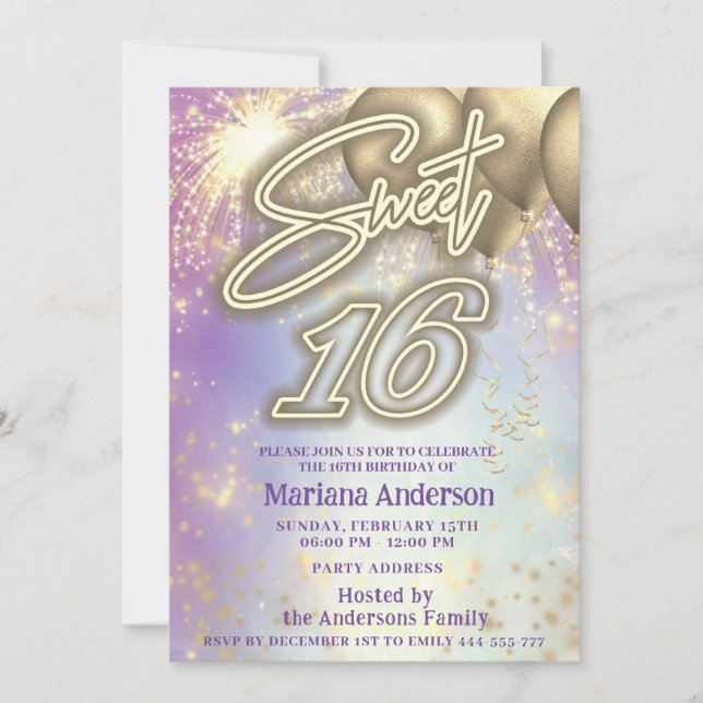 Cooler Spaß lila Goldballon Feuerwerk Einladung (Vorderseite)