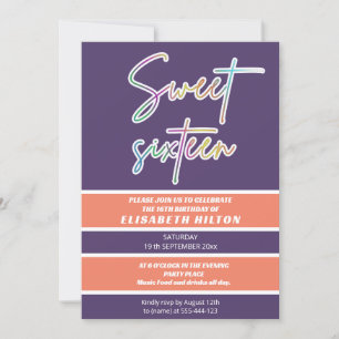 Cooler Spaß Neon Typografie Streifen süß 16 Einladung
