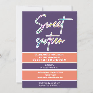 Cooler Spaß Neon Typografie Streifen süß 16 Einladung