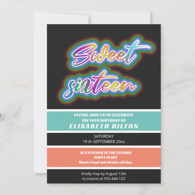 Cooler Spaß Neon Typografie Streifen süß 16 Einladung (Vorderseite)