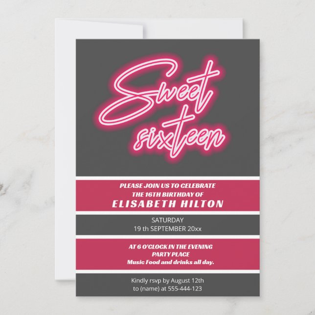 Cooler Spaß Neon Typografie Streifen süß 16 Einladung (Vorderseite)