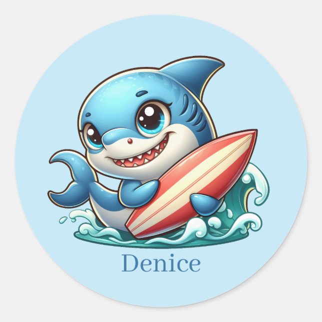 Cooler Surfhai mit dem Namen Classic Round Sticker (Vorderseite)