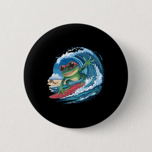Cooler Surfing Frosch mit Sonnenbrille und Wellen Button