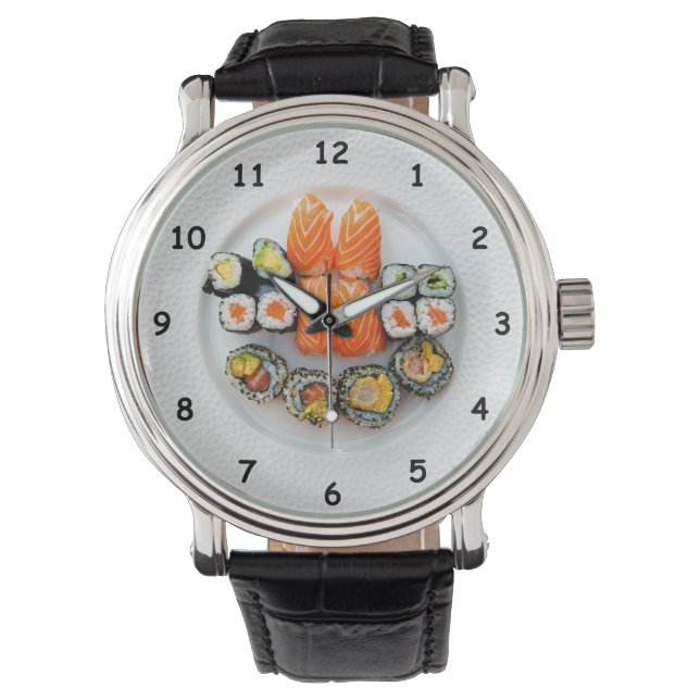 Cooler Sushi und Lachs auf einer weißen Platte Armbanduhr (Vorderseite)