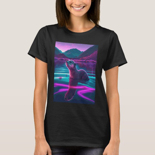 Cooler Synthwave-Seehund umherwandernder Otter  2 T-Shirt (Vorderseite)