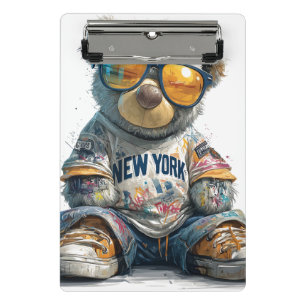 Cooler Teddy Bär in Sonnenbrille und ein New Yorke Mini Klemmbrett